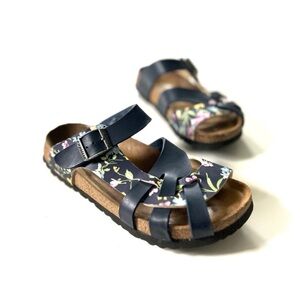 Papillio Birkenstock Pisa Navy Floral Print Leather Strappy Footbed Sandals
